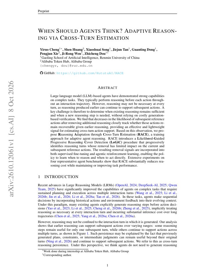 First page of When Should Agents Think? Adaptive Reasoning via Cross-Turn Estimation