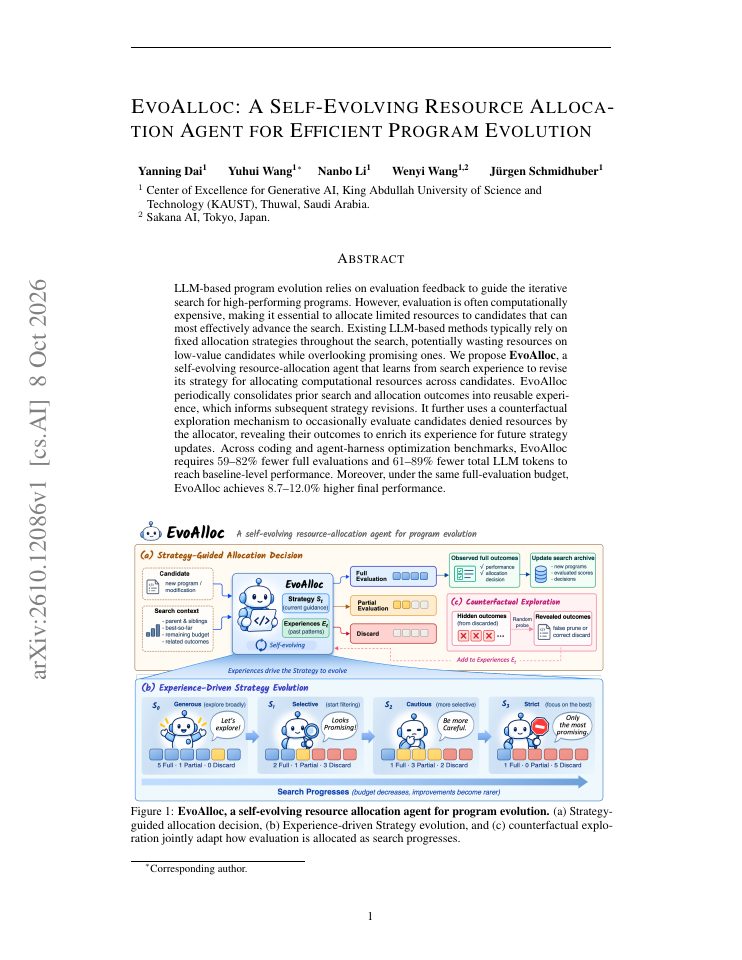First page of EvoAlloc: A Self-Evolving Resource Allocation Agent for Efficient Program Evolution