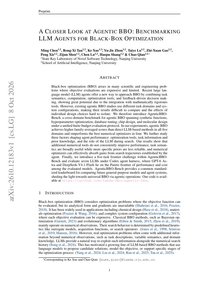 First page of A Closer Look at Agentic BBO: Benchmarking LLM Agents for Black-Box Optimization