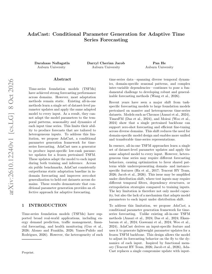 First page of AdaCast: Conditional Parameter Generation for Adaptive Time Series Forecasting