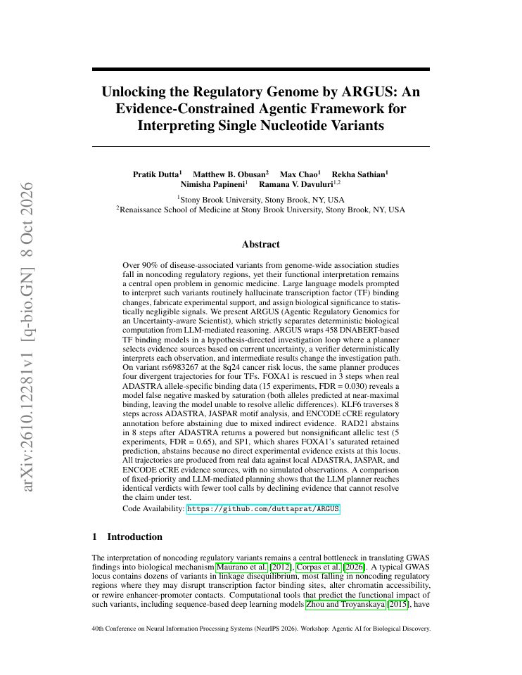 First page of Unlocking the Regulatory Genome by ARGUS: An Evidence-Constrained Agentic Framework for Interpreting Single Nucleotide Variants
