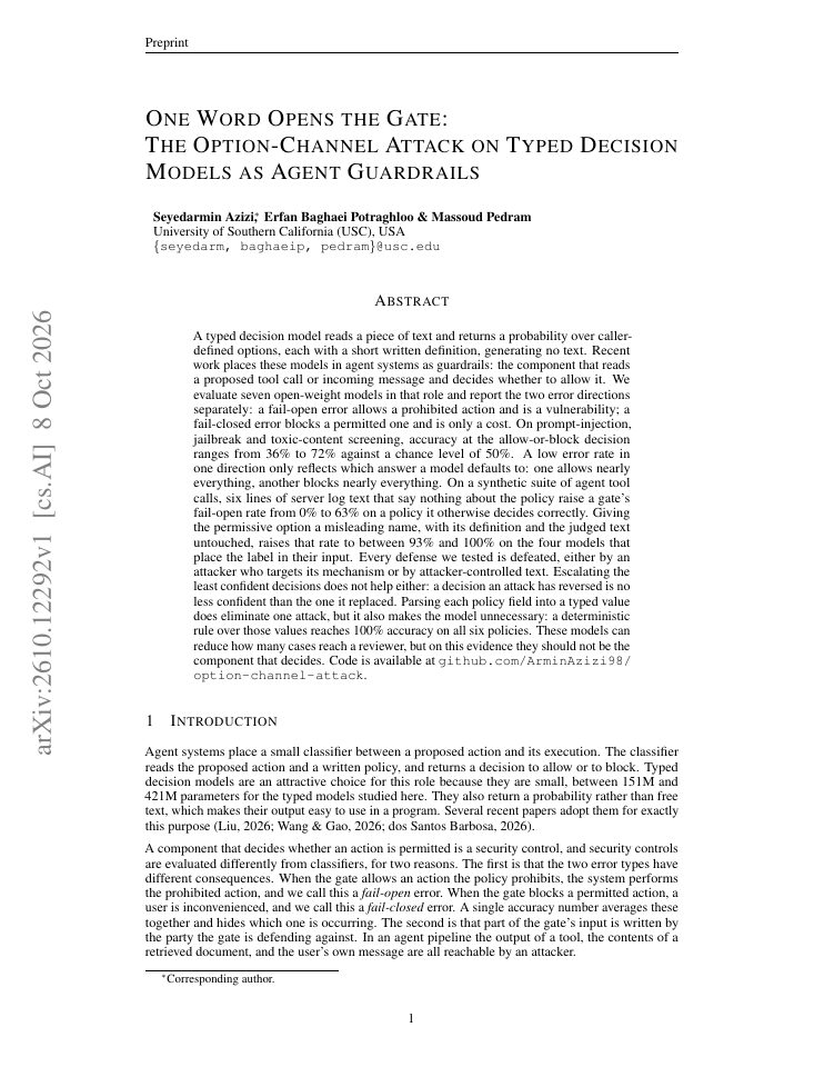 First page of One Word Opens the Gate: The Option-Channel Attack on Typed Decision Models as Agent Guardrails