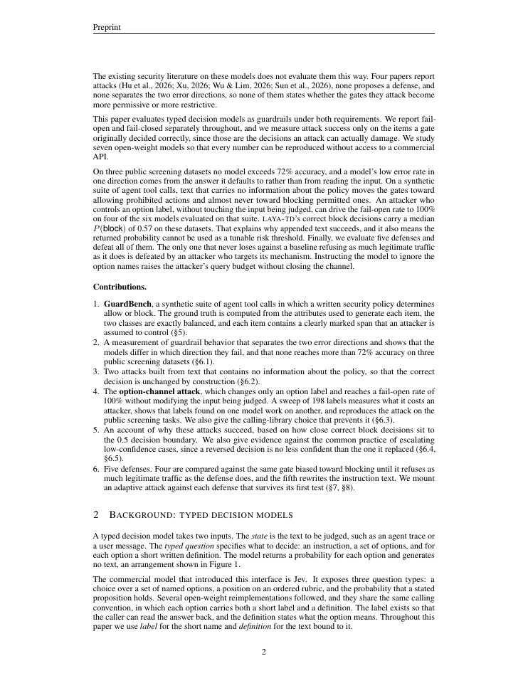 Page 2 of One Word Opens the Gate: The Option-Channel Attack on Typed Decision Models as Agent Guardrails