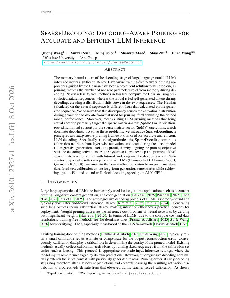 First page of SparseDecoding: Decoding-Aware Pruning for Accurate and Efficient LLM Inference