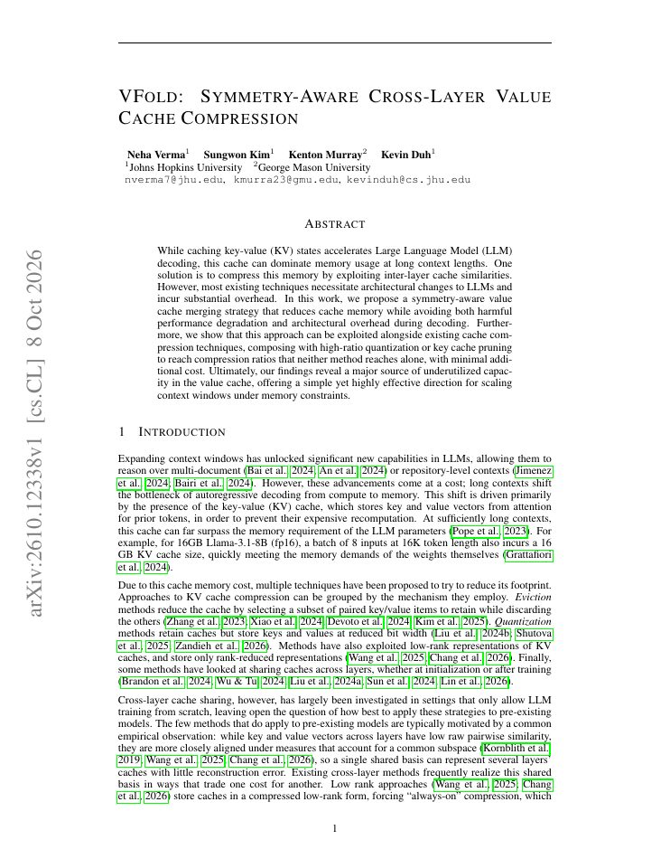 First page of VFold: Symmetry-Aware Cross-Layer Value Cache Compression