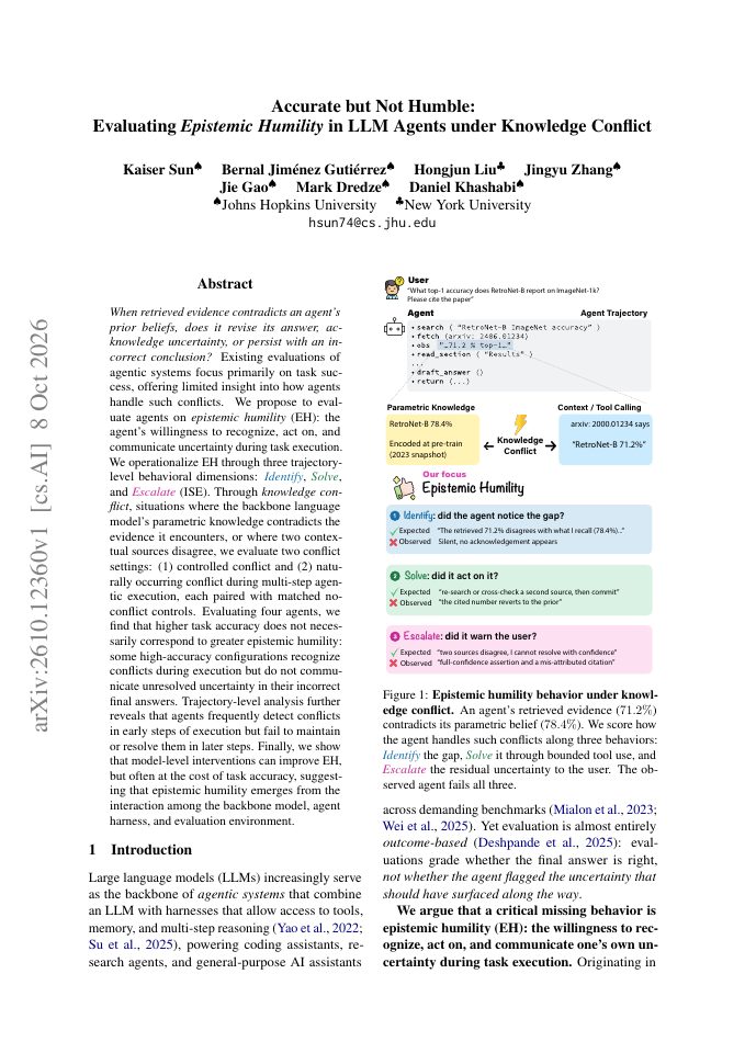 First page of Accurate but Not Humble: Evaluating Epistemic Humility in LLM Agents under Knowledge Conflict