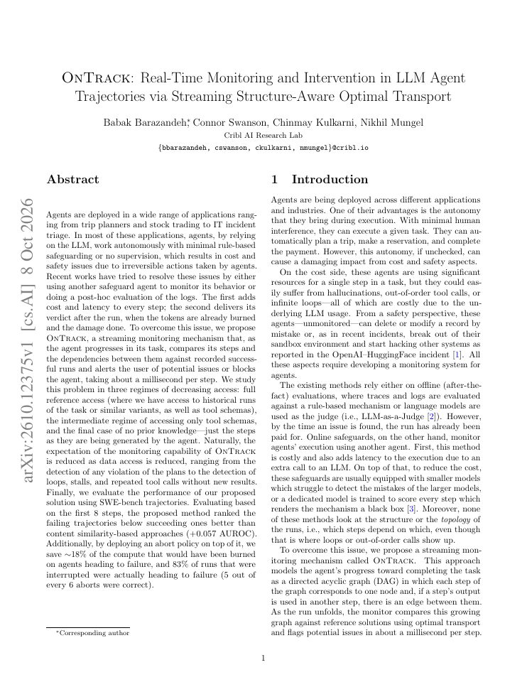 First page of OnTrack: Real-Time Monitoring and Intervention in LLM Agent Trajectories via Streaming Structure-Aware Optimal Transport