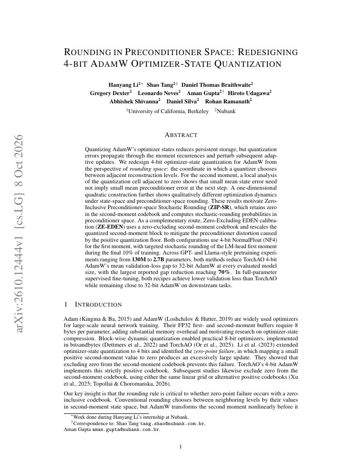 First page of Rounding in Preconditioner Space: Redesigning 4-bit AdamW Optimizer-State Quantization