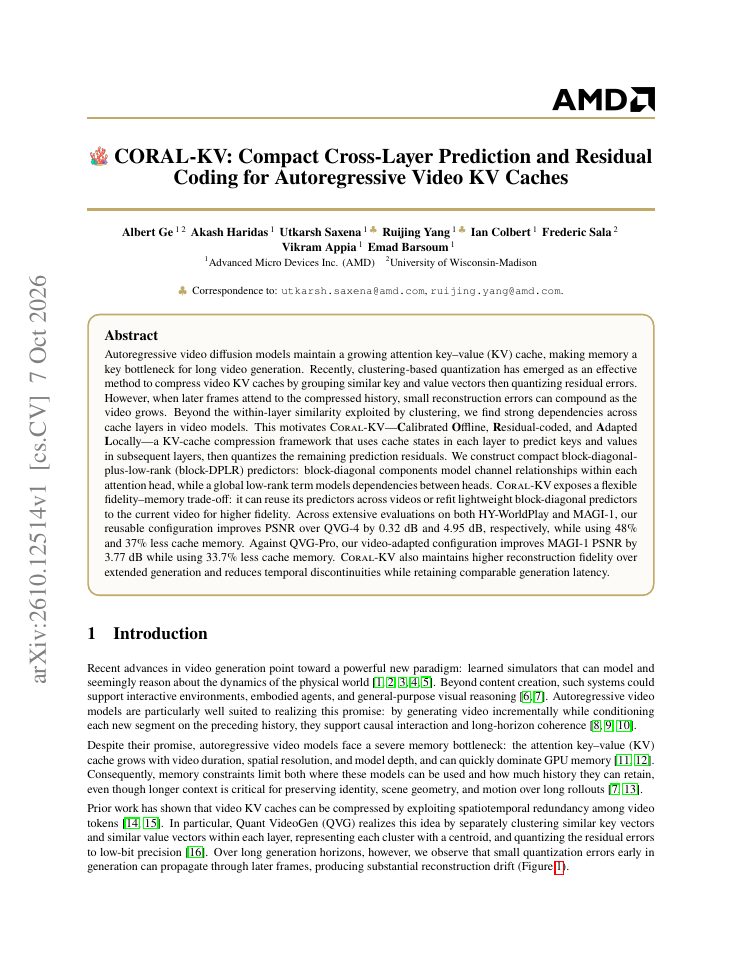 First page of CORAL-KV: Compact Cross-Layer Prediction and Residual Coding for Autoregressive Video KV Caches