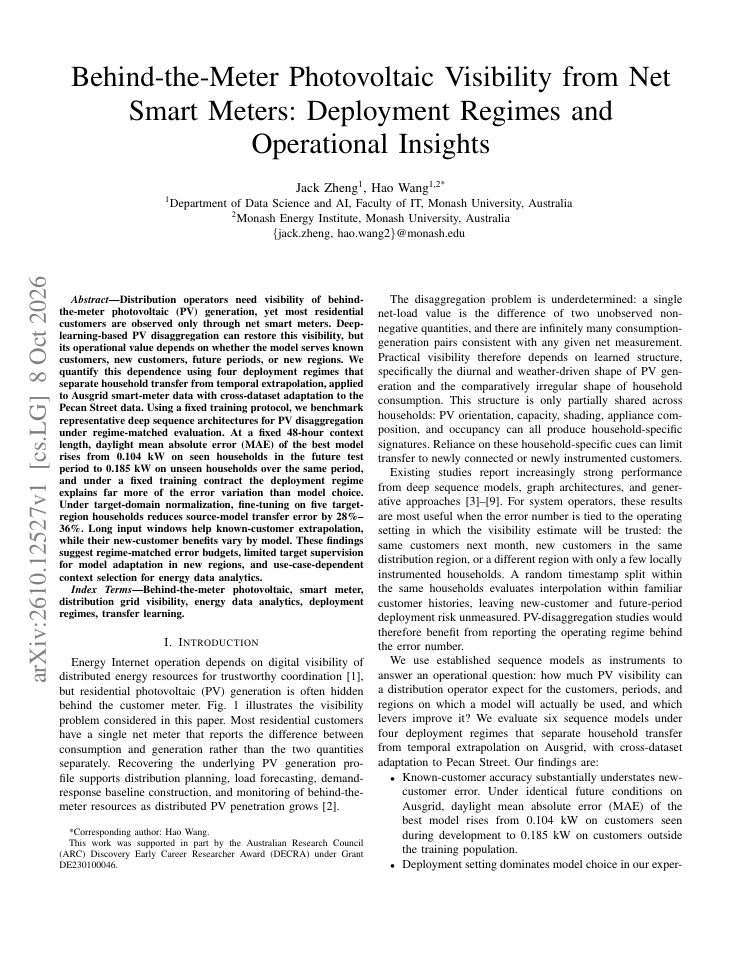First page of Behind-the-Meter Photovoltaic Visibility from Net Smart Meters: Deployment Regimes and Operational Insights