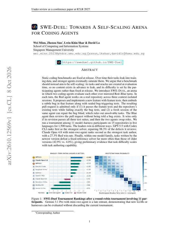 First page of SWE-Duel: Towards a Self-Scaling Arena for Coding Agents