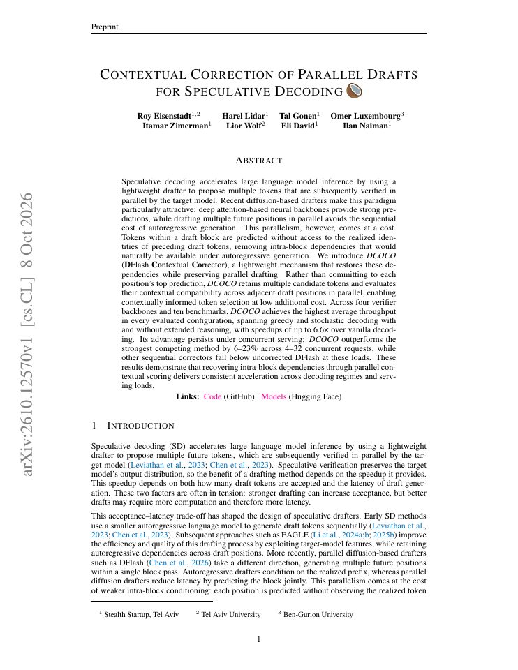 First page of Contextual Correction of Parallel Draftsfor Speculative Decoding