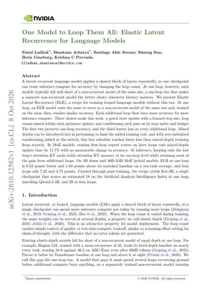 First page of One Model to Loop Them All: Elastic Latent Recurrence for Language Models