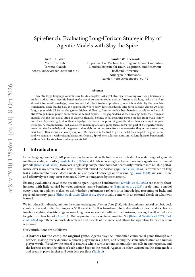 First page of SpireBench: Evaluating Long-Horizon Strategic Play of Agentic Models with Slay the Spire