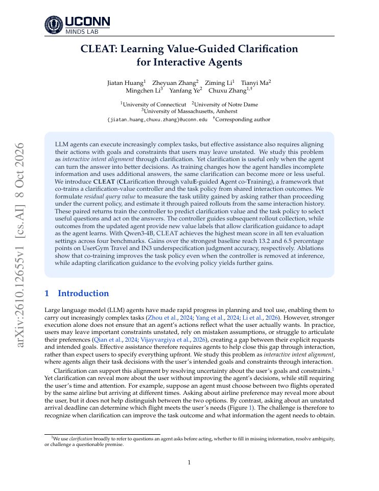 First page of CLEAT: Learning Value-Guided Clarification for Interactive Agents
