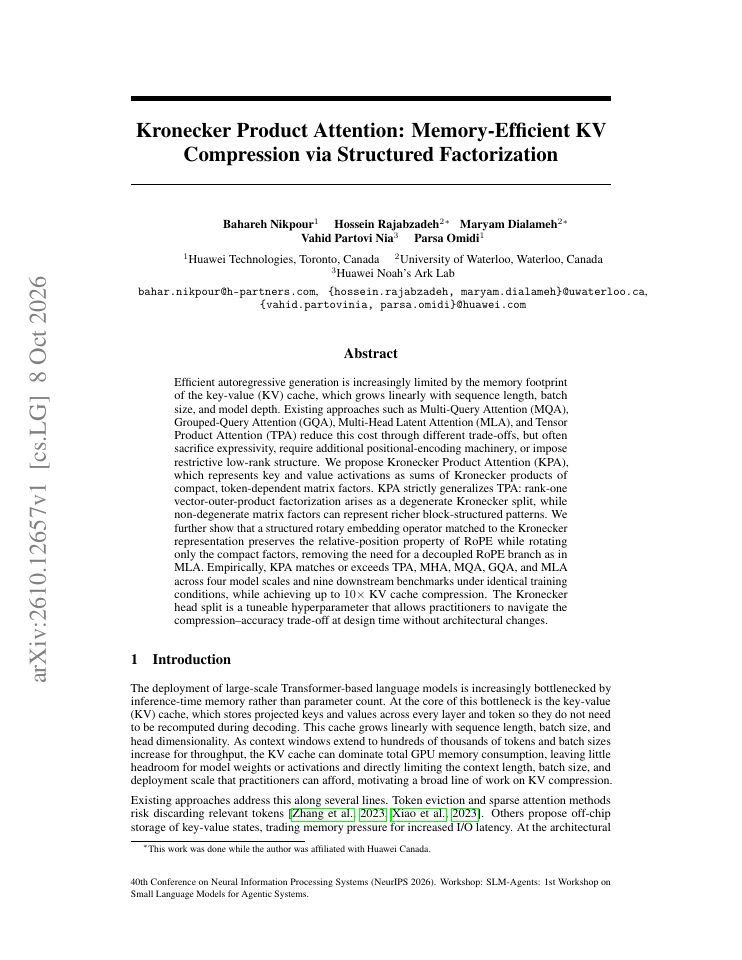 First page of Kronecker Product Attention: Memory-Efficient KV Compression via Structured Factorization