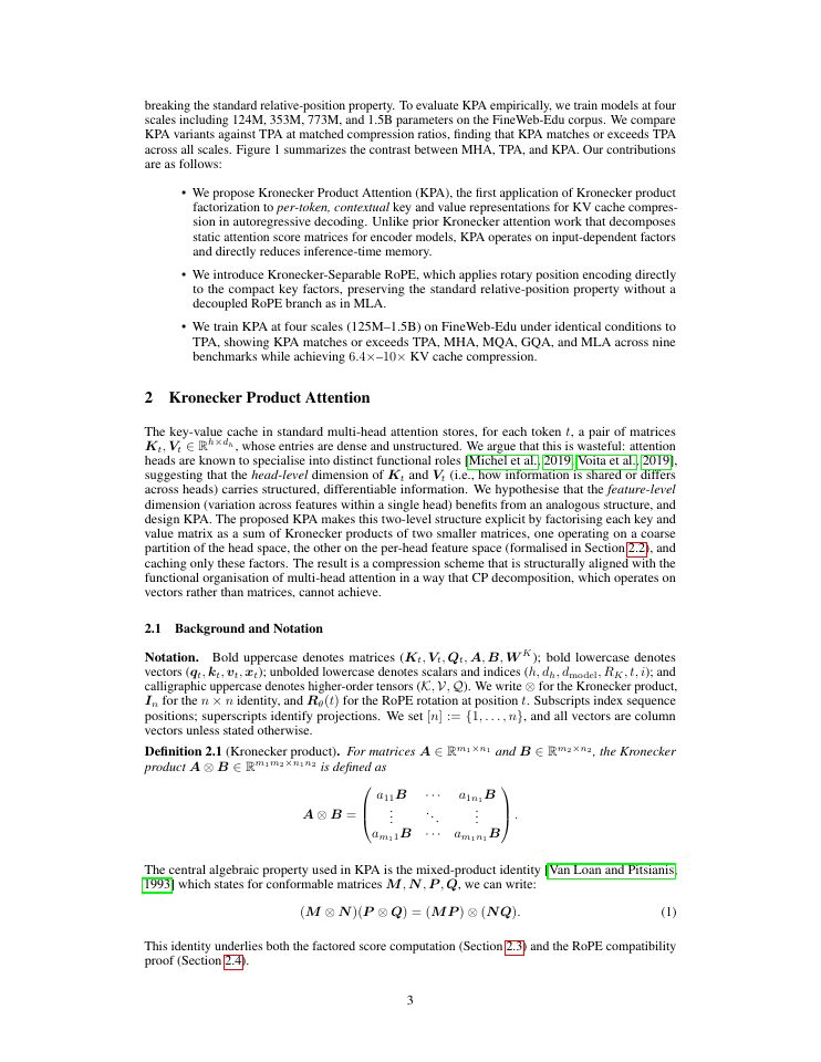 Page 3 of Kronecker Product Attention: Memory-Efficient KV Compression via Structured Factorization