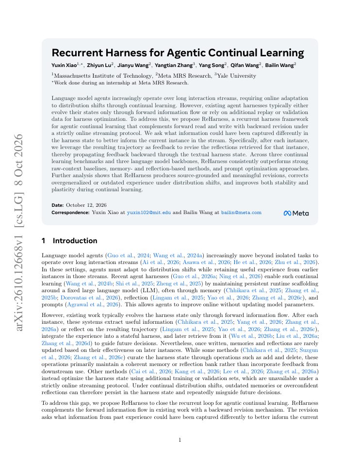 First page of Recurrent Harness for Agentic Continual Learning
