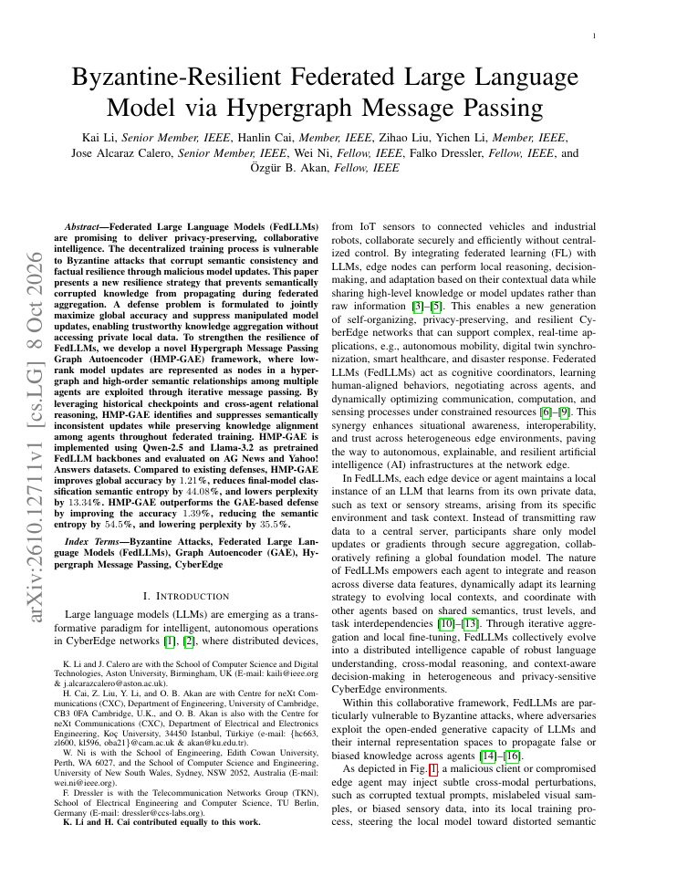 First page of Byzantine-Resilient Federated Large Language Model via Hypergraph Message Passing