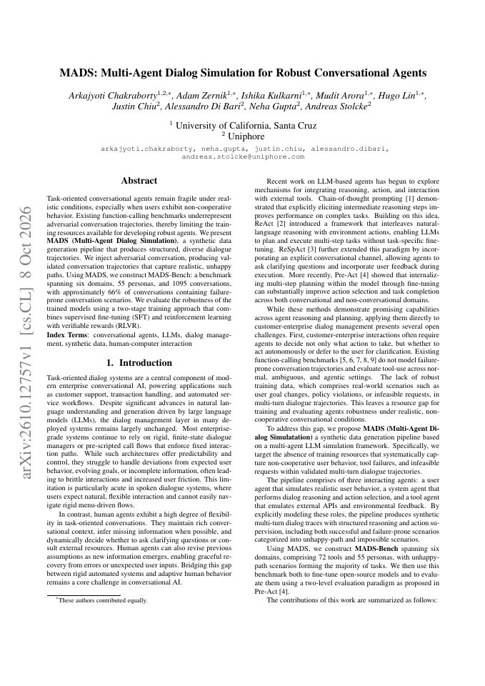 First page of MADS: Multi-Agent Dialog Simulation for Robust Conversational Agents