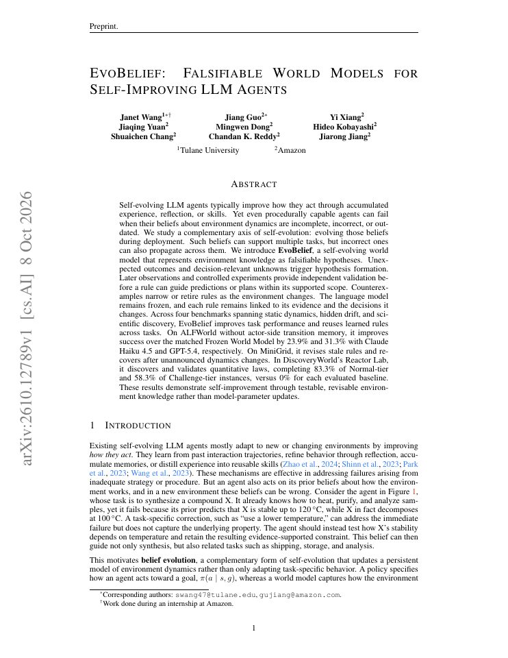 First page of EvoBelief: Falsifiable World Models for Self-Improving LLM Agents