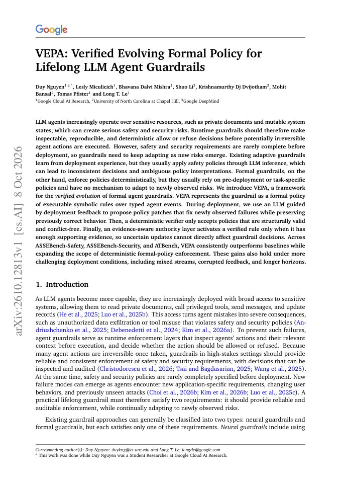 First page of VEPA: Verified Evolving Formal Policy for Lifelong LLM Agent Guardrails