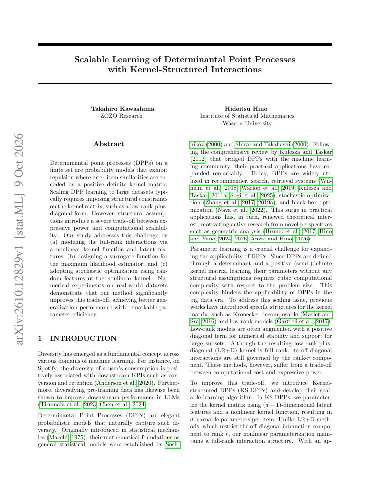 First page of Scalable Learning of Determinantal Point Processes with Kernel-Structured Interactions