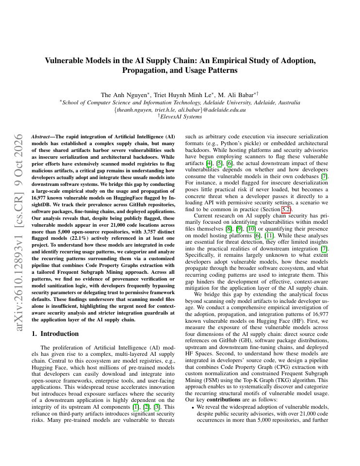 First page of Vulnerable Models in the AI Supply Chain: An Empirical Study of Adoption, Propagation, and Usage Patterns