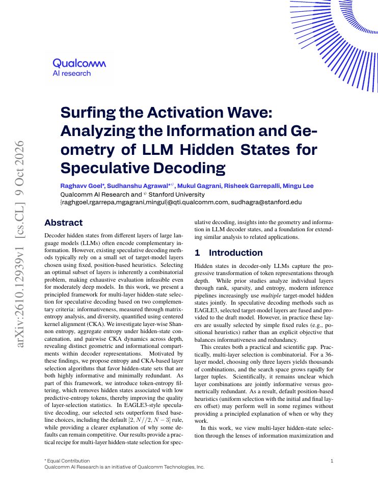 First page of Surfing the Activation Wave: Analyzing the Information and Geometry of LLM Hidden States for Speculative Decoding