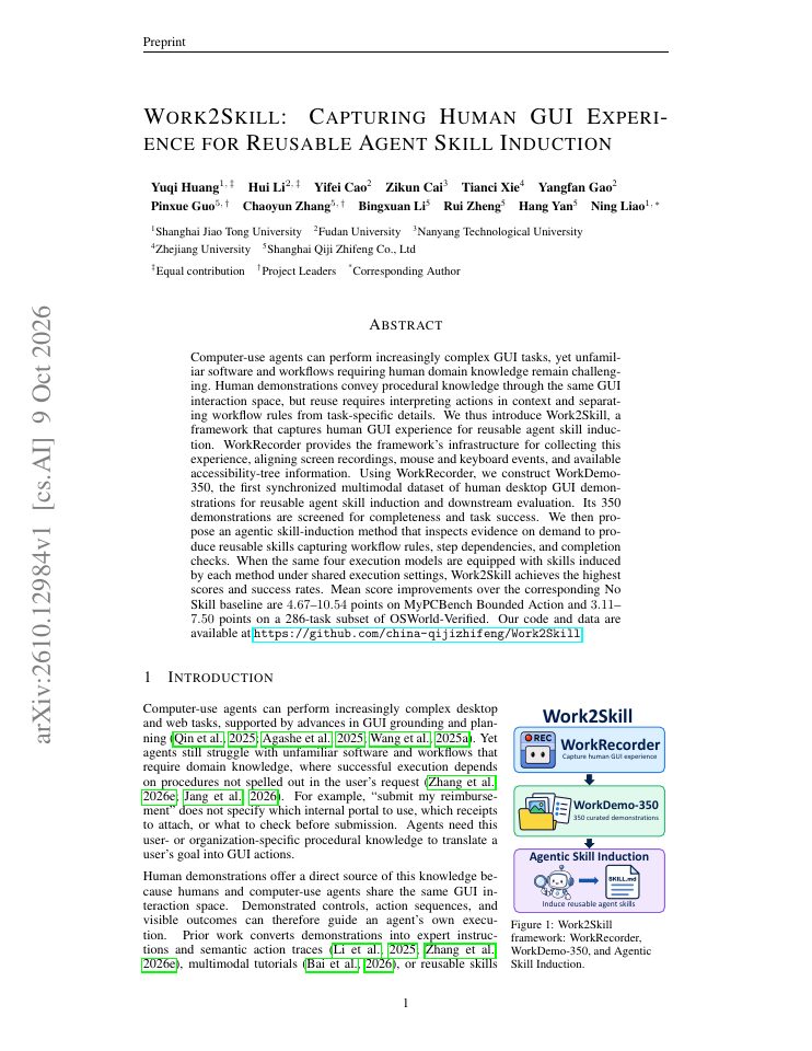 First page of Work2Skill: Capturing Human GUI Experience for Reusable Agent Skill Induction