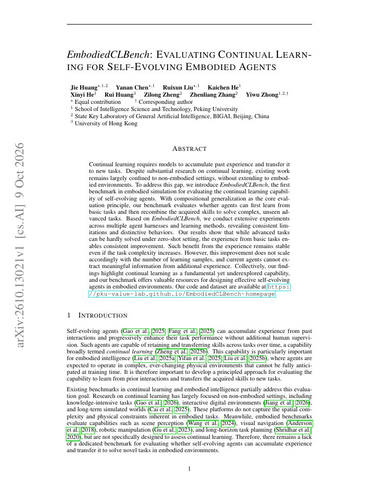 First page of EmbodiedCLBench: Evaluating Continual Learning for Self-Evolving Embodied Agents