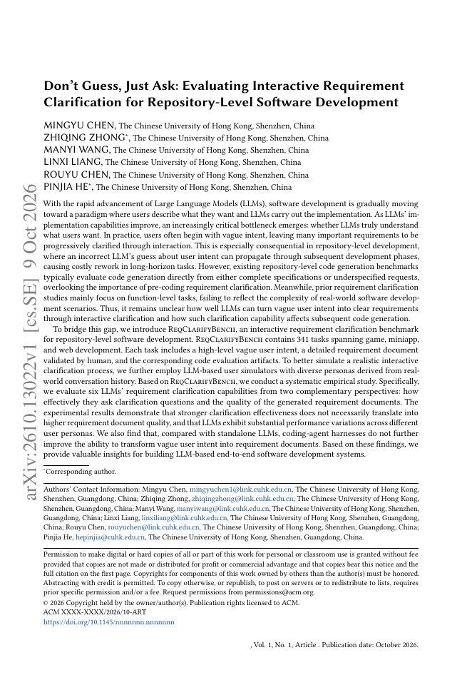 First page of Don't Guess, Just Ask: Evaluating Interactive Requirement Clarification for Repository-Level Software Development