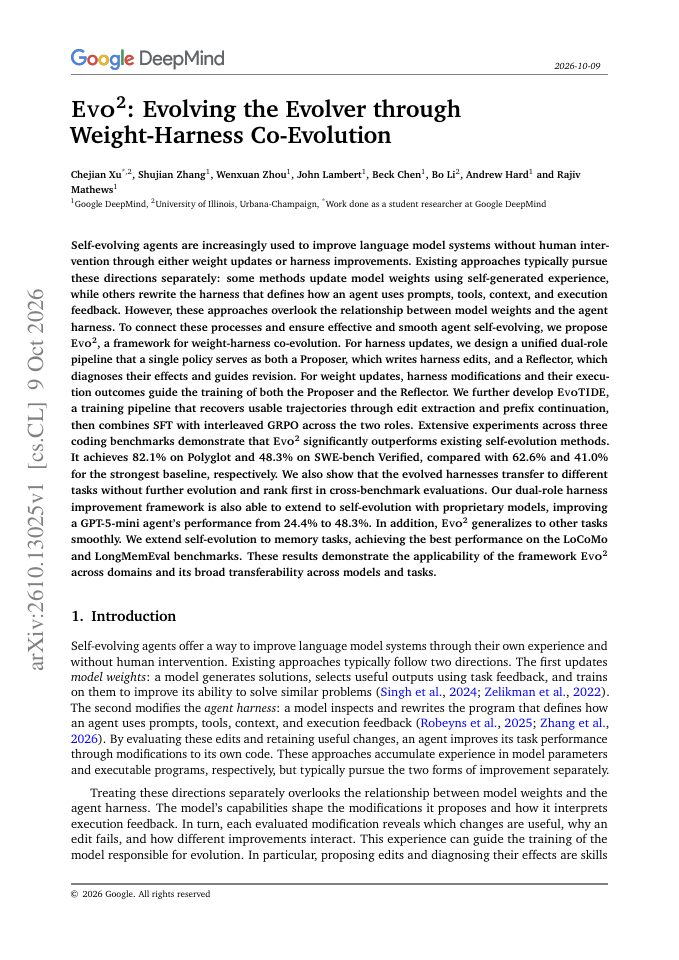First page of Evo$^2$: Evolving the Evolver through Weight-Harness Co-Evolution