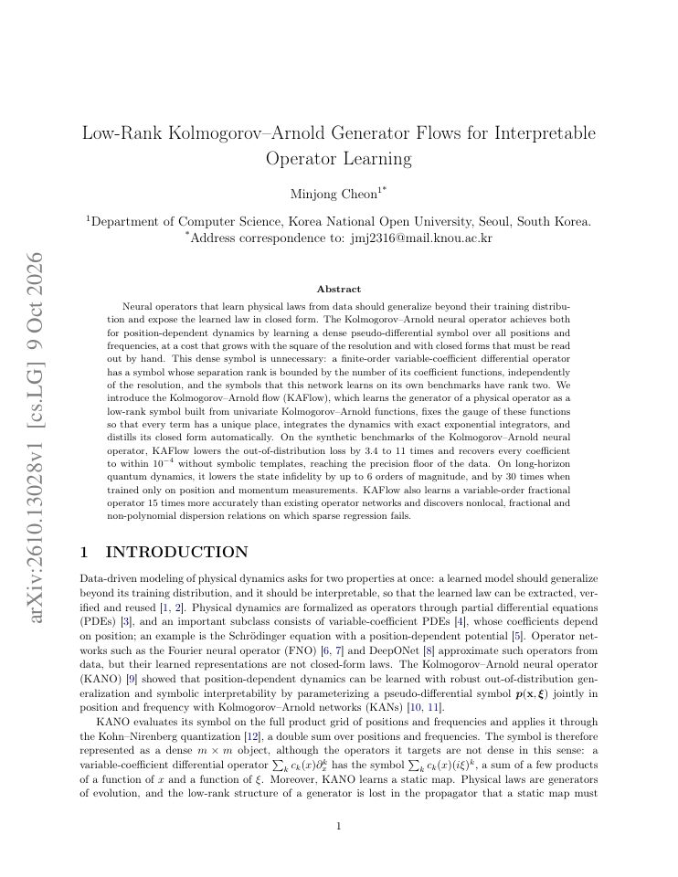 First page of Low-Rank Kolmogorov-Arnold Generator Flows for Interpretable Operator Learning