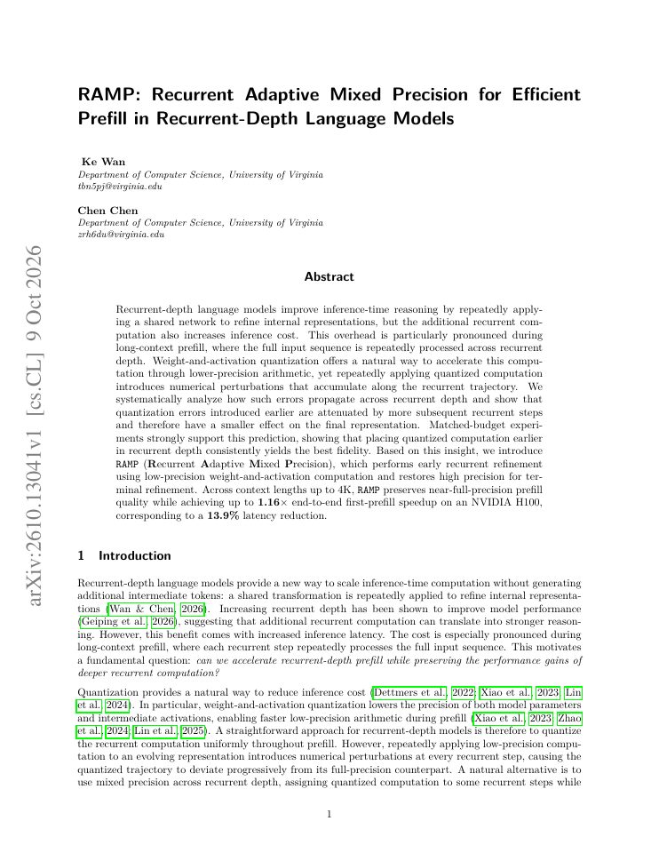 First page of RAMP: Recurrent Adaptive Mixed Precision for Efficient Prefill in Recurrent-Depth Language Models