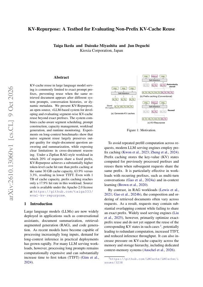 First page of KV-Repurpose: A Testbed for Evaluating Non-Prefix KV-Cache Reuse