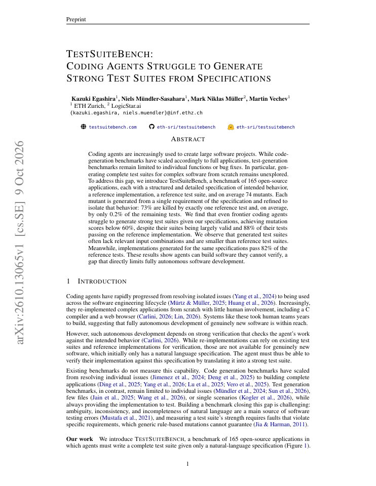 First page of TestSuiteBench: Coding Agents Struggle to Generate Strong Test Suites from Specifications