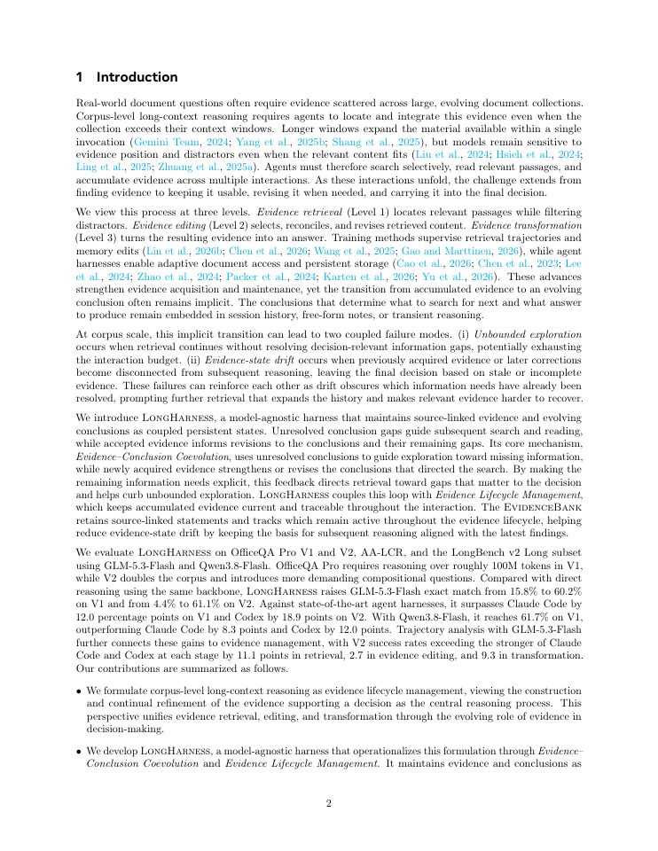 Page 2 of LongHarness: Advancing Agentic Reasoning over 100M-Token Corpora via Stateful Evidence Management