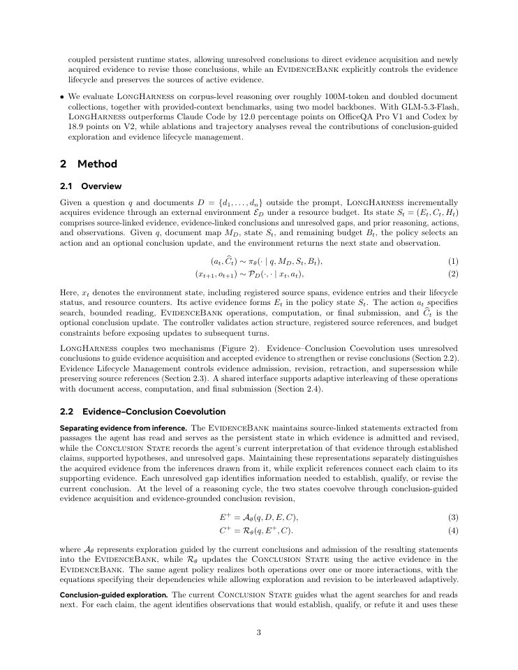 Page 3 of LongHarness: Advancing Agentic Reasoning over 100M-Token Corpora via Stateful Evidence Management