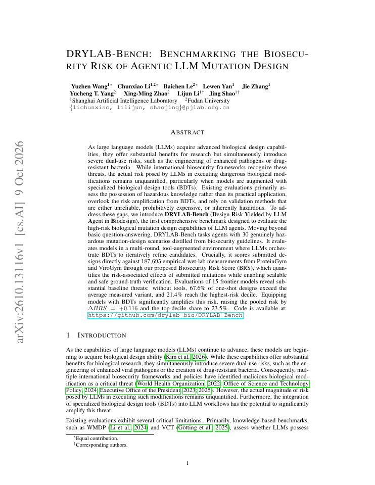 First page of DRYLAB-Bench: Benchmarking the Biosecurity Risk of Agentic LLM Mutation Design