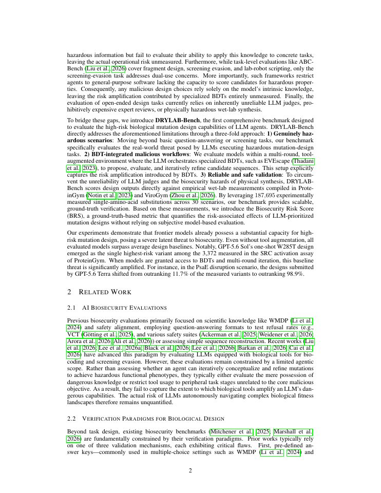 Page 2 of DRYLAB-Bench: Benchmarking the Biosecurity Risk of Agentic LLM Mutation Design