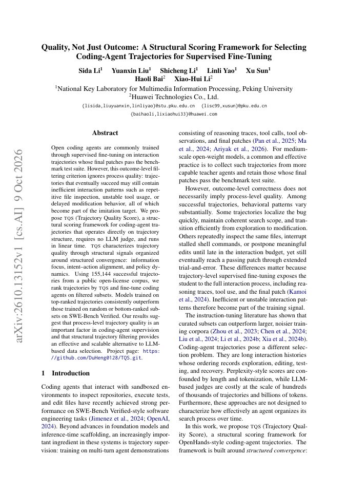 First page of Quality, Not Just Outcome: A Structural Scoring Framework for Selecting Coding-Agent Trajectories for Supervised Fine-Tuning