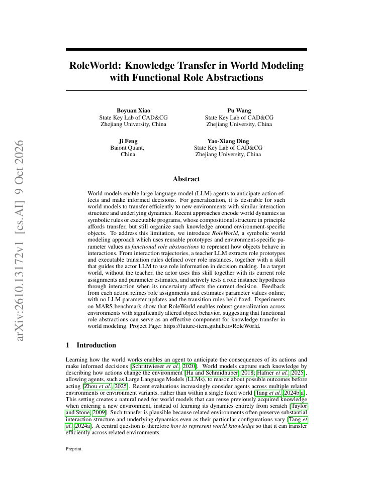 First page of RoleWorld: Knowledge Transfer in World Modeling with Functional Role Abstractions