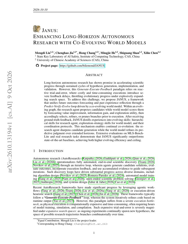 First page of JANUS: Enhancing Long-Horizon Autonomous Research with Co-Evolving World Models