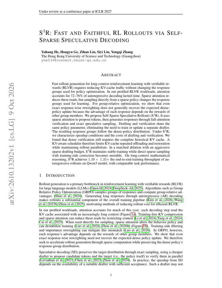 First page of S$^3$R: Fast and Faithful RL Rollouts via Self-Sparse Speculative Decoding
