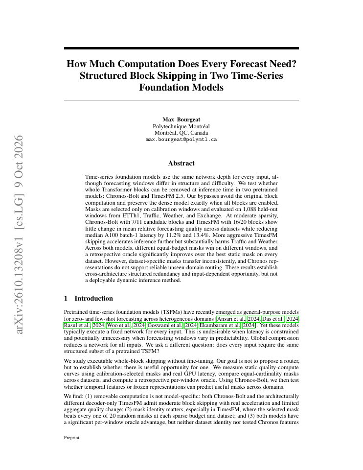 First page of How Much Computation Does Every Forecast Need? Structured Block Skipping in Two Time-Series Foundation Models