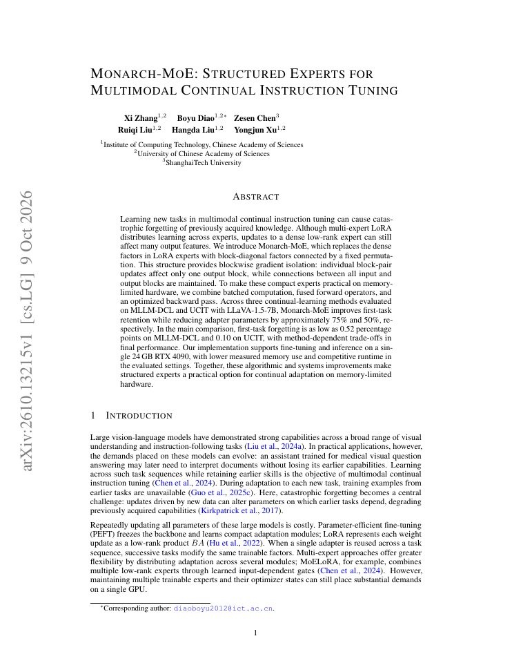 First page of Monarch-MoE: Structured Experts for Multimodal Continual Instruction Tuning