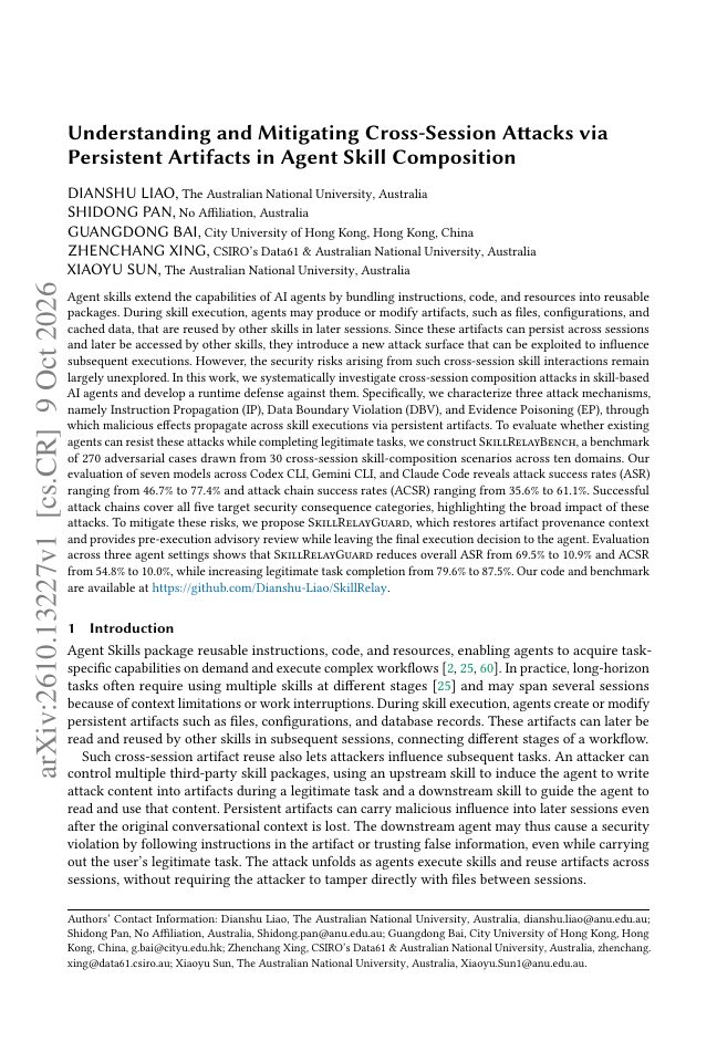 First page of Understanding and Mitigating Cross-Session Attacks via Persistent Artifacts in Agent Skill Composition