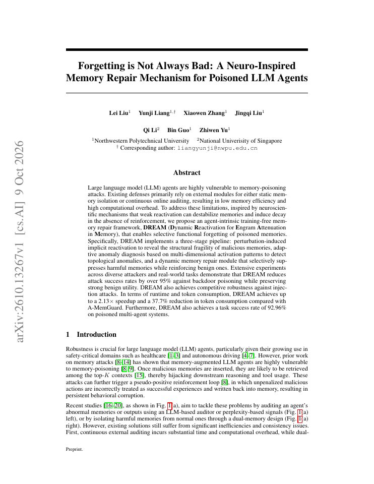 First page of Forgetting is Not Always Bad: A Neuro-Inspired Memory Repair Mechanism for Poisoned LLM Agents