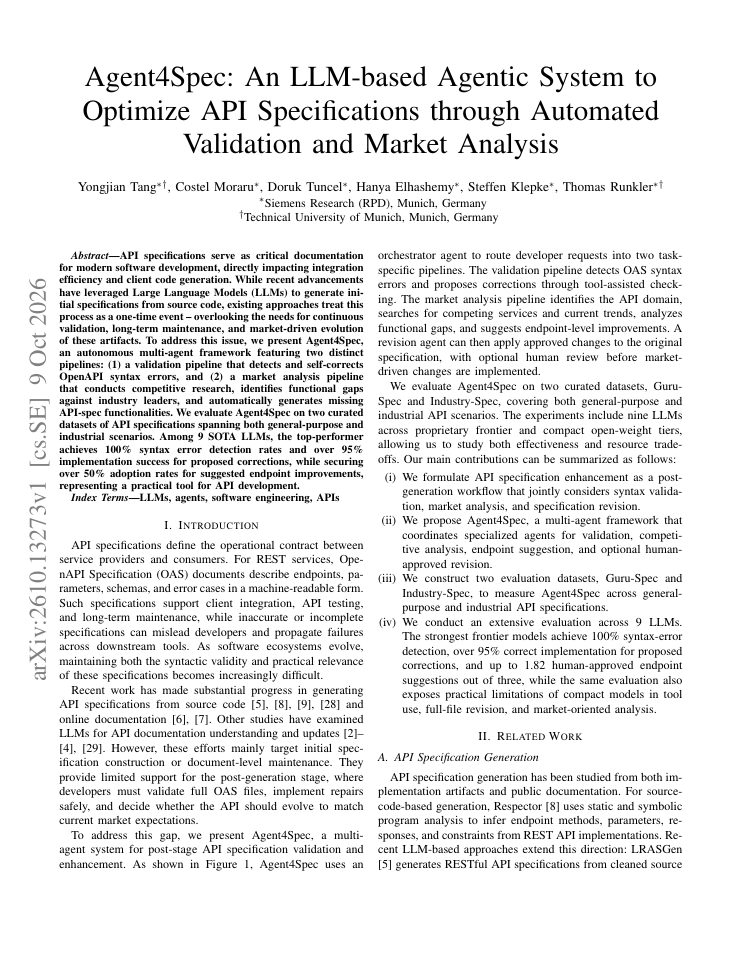 First page of Agent4Spec: An LLM-based Agentic System to Optimize API Specifications through Automated Validation and Market Analysis